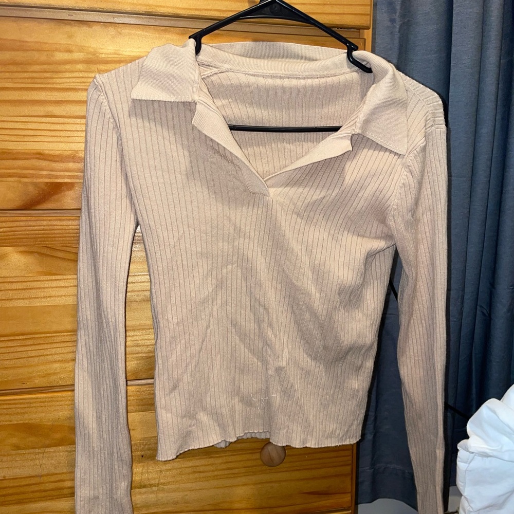 Tan collared, v neck long sleeve